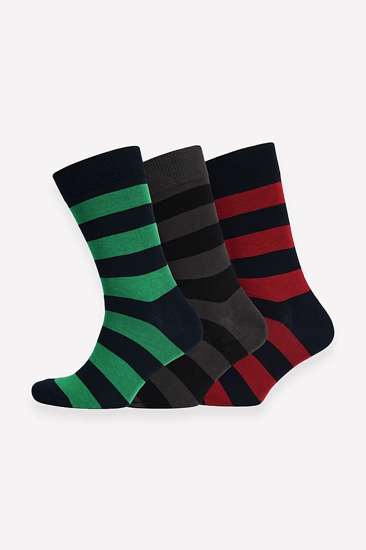 Everyday wide stripe sock 3 pack. Green and navy stripe, grey and black stripe and red and navy stripe.