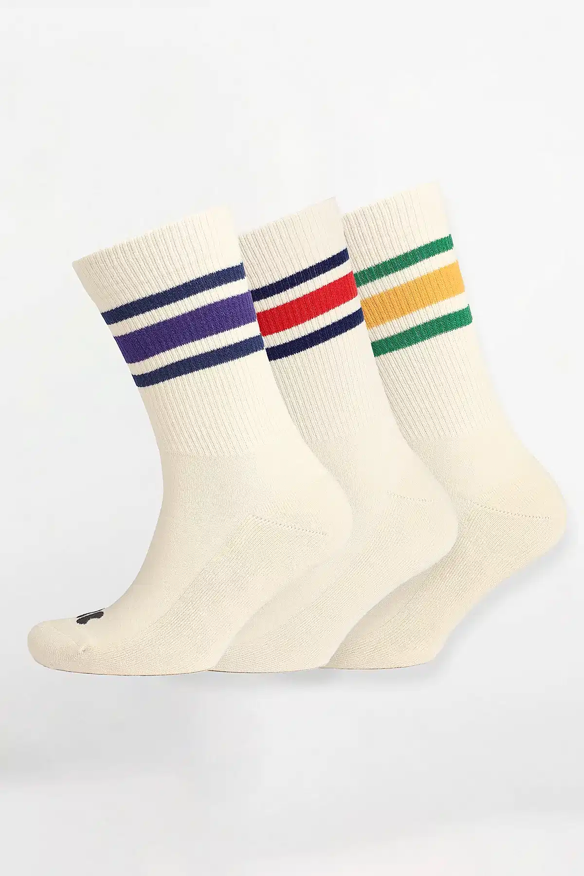 Product shot showing 3 pack of sport calf socks in ecru/multi stripes.